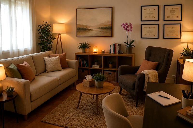 Lo studio: divano, poltrona, libreria e luce calda delle lampade