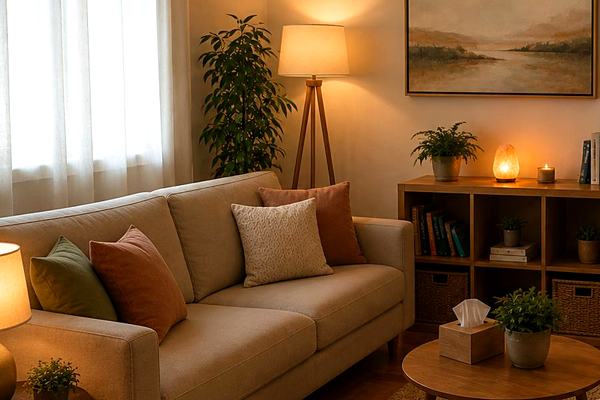 Un angolo dello studio: il divano accanto alla finestra, nella luce delle lampade